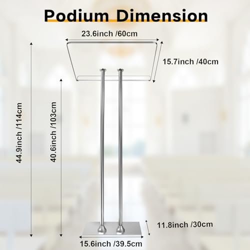 Acrylic Podium Lectern with Iron Stable Bottom, Pulpits for Churches with 10MM Thickened Acrylic Countertop, Multi Function Pulpit for Modern Classroom Music Concert Wedding Conference Event - color: silvery