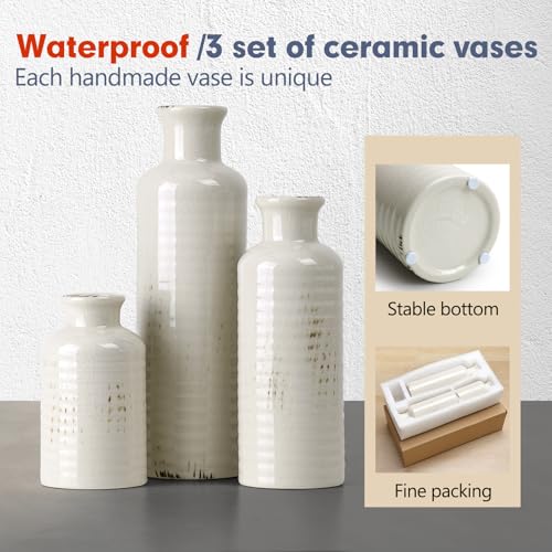 White Ceramic Vase Set of 3, Rustic Vase for Farmhouse Shelves, Ocean Beach Style, Mantle, Fireplace, Coffee Table, Shelf for Living Room - color: 3pcs-crack White