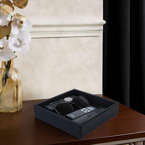 HofferRuffer Faux Leather Vanity Tray, Elegant Desktop Storage Organizer, Decorative Catchall for Perfume, Bathroom Valet, Nightstand or Dresser, 8 x 8 x 1.8 inches (Black) - color: Black, size: 8" x 8" x 1.8"