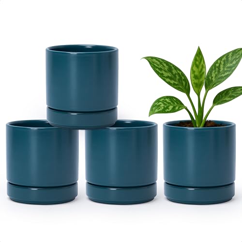 D'vine Dev Set of 4 Small Ceramic Plant Pots, 4.7 Inch Succulent Planter Pot for Plants with Drainage Hole and Saucer, Teal, 94-X-B-9 - color: Teal, size: 4.7 Inch