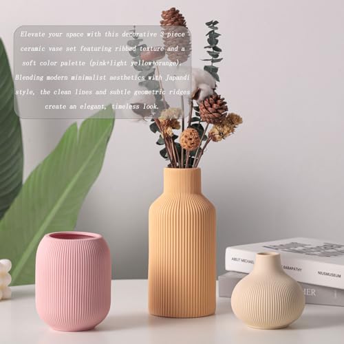 Ceramic Vase Set of 3, Vases Home Decor Modern Minimalist Decor Pottery Boho Vases for Pampas Grass Dried Fresh Flowers, Bookshelf, Shelf, Bedroom, Entryway Mantel Decor(Pink+Light Yellow+Orange) - color: Multicolor