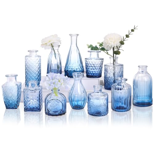 12 Pack Blue Glass Bud Vase Set, Small Vintage Vases for Centerpieces, Decorative Flower Vases for Wedding Home Table Decor - color: Blue, size: 12pcs