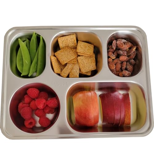 Set of 2 Stainless Steel Rectangular Divided Plates Tray 5 Sections Dinner Plates for Adults - Unbreakable Metal Plate for Campers, and Portion Control Reusable Plate - size: 5C (5 Sections)