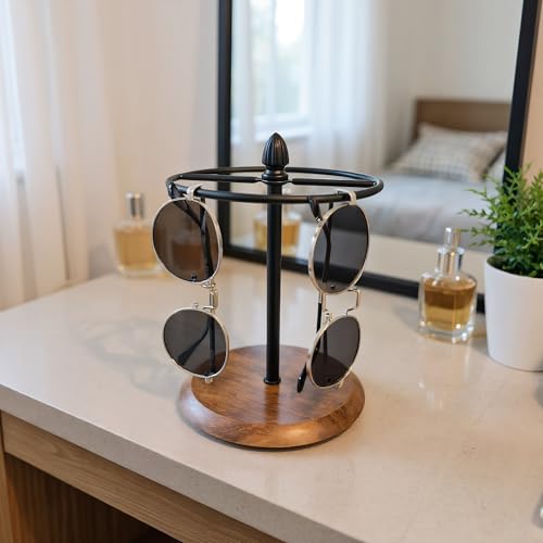 Sunglasses Stand with Jewelry Tray Base, 12 Pairs Eyeglass Holder Rack, Glasses Organizer for Entryway Bedroom Dresser, Countertop Sunglasses Display for Home Decor (Wood+Black) - color: Wood+Black