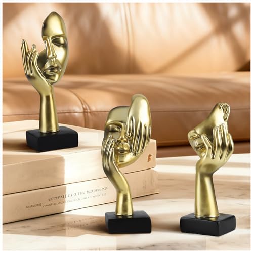 Modern Living Room Decoration - Gold Abstract Sculpture Decor For Shelves, Thinker Statues Set Of 3, Resin Face Knick Knacks Home Decor For Office Bookshelf, Shelf Side, Table, Gift For Friends - color: Gold Abstract Sculpture Decor