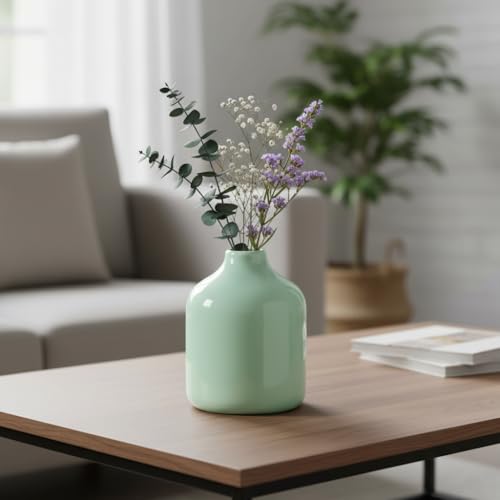 Sunddo Small Green Flower Vase for Home Decor - 5 Inch Cute Modern Centerpieces Vases, Ceramic Bud Vase for Living Room, Book Shelf, Window Sill Decor, Bathroom, Bedroom, Table Decor - color: Light Green, size: 5 inch