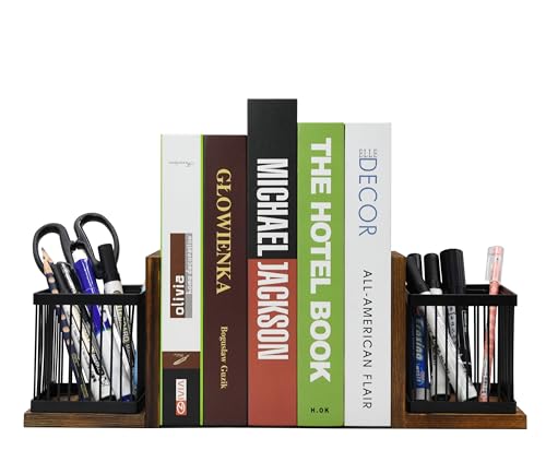 Owlgift Rustic Burnt Wood Decorative Bookends for Heavy Books with Matte Black Metal Wire Basket Pencil Holder and Office Supplies Storage Baskets Bins for Home, Office, Classroom, Dorm Room