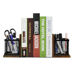 Owlgift Rustic Burnt Wood Decorative Bookends for Heavy Books with Matte Black Metal Wire Basket Pencil Holder and Office Supplies Storage Baskets Bins for Home, Office, Classroom, Dorm Room