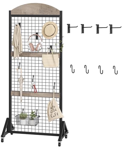 2 Packs Grid Wall Panel 5.7' x 2' FT Grid Display Rack with Wheels, Movable Gridwall Display Stand with 8 S-Shaped Hooks and 8 Garment Hooks, Floorstanding Wire Grid Rack, Greige and Black TCJ17P2BG - color: Greige and Black