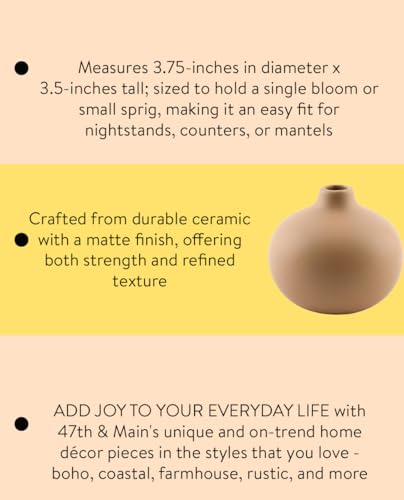47th & Main Ceramic Vases for Flowers Modern Minimalist Small Vase for Home Décor, 3.75" Diameter x 3.5" Tall, Matte Beige - color: Matte Beige
