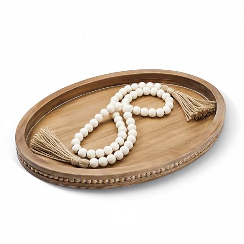 16" x 11.8" Oval Wood Decorative Tray with 58" Bead Garland, Farmhouse Coffee Table & Kitchen Island Décor, Rustic Brown Entryway Console Tray for Styling, Candles & Small Items