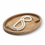 16" x 11.8" Oval Wood Decorative Tray with 58" Bead Garland, Farmhouse Coffee Table & Kitchen Island Décor, Rustic Brown Entryway Console Tray for Styling, Candles & Small Items