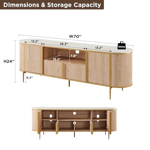OKD Luxury 70" Fluted TV Stand, Modern Chic Entertainment Center for TVs Up to 80 inches, TV Console with Faux Marble Top, Curved Profile Design, Media Console for Living Room, Natural Oak - color: Natural Oak, size: 70" TV Stand without Fireplace