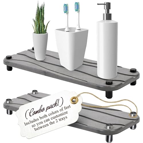 2pc Stone Drying Tray - Diatomite Sink Caddy Kitchen Sink Organizer - Water Absorbing Bathroom Counter - Absorbent Kitchen Soap Tray (Gray w Blk & Silver Feet) - color: Gray