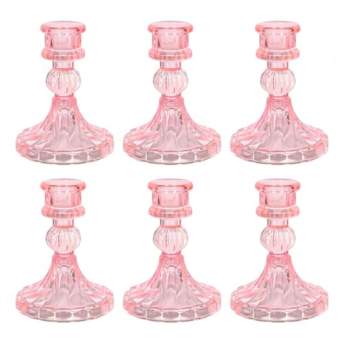 Glass Candlestick Holder,Striped Taper Candle Holders,Set of 6 Candle Stand for Table Centerpieces, Home Decor,Weddings,Festival and Parties (Pink Stripe Pattern) - color: Pink Stripe Pattern