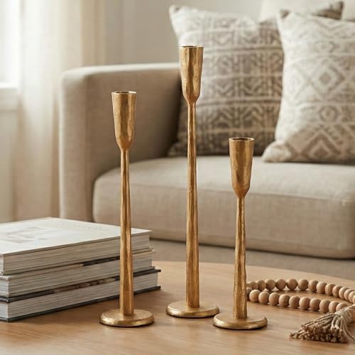 Gold Iron Taper Candle Holder Set of 3, Heavy Wrought Iron Candlestick Holders Decorative Candle Stand, Vintage Candle Holder for Wedding, Dining, Home Decoration - color: Gold