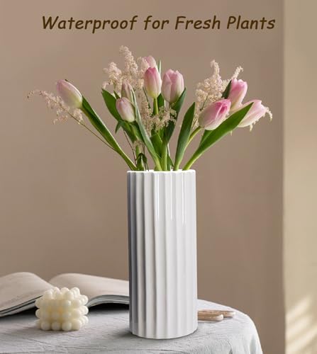 GeLive Glazed White Ceramic Vase Ribbed Straight Cylinder Minimalist Waterproof Flower Vase, Home Decor Centerpiece for Fresh Bud Artificial Dried Flowers 9 Inch Height - style: Straight Cylinder