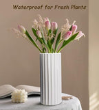 GeLive Glazed White Ceramic Vase Ribbed Straight Cylinder Minimalist Waterproof Flower Vase, Home Decor Centerpiece for Fresh Bud Artificial Dried Flowers 9 Inch Height - style: Straight Cylinder