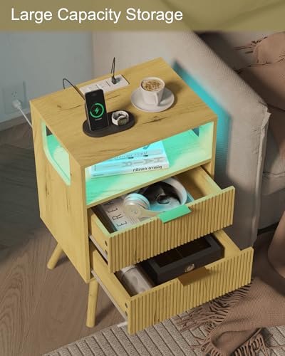 JOONEE Nightstand with Charging Station and LED Lights,Modern Bedside Table with 2 Storage Drawer and Open Wood Shelf, for Bedroom and Small Spaces,Night Stand with Solid Wood Legs (Yellow Oak) - color: Yellow Oak