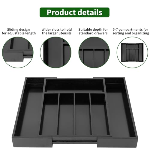VaeFae Bamboo Drawer Organizer, Expandable Silverware Drawer Organizer, Cutlery Tray with Dividers for Kitchen Utensils (Black, Medium) - color: Black, size: Medium