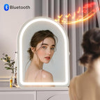 Hasipu Vanity Mirror with Lights and Bluetooth Speaker, 13.8"× 18" Arched LED Makeup Mirror, Lighted Makeup Mirror with Lights, Smart Touch Control Dimmable 3 Modes Light 360°Rotation White - size: 13.8"L x 18"W
