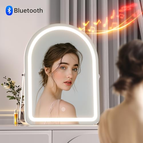 Hasipu Vanity Mirror with Lights and Bluetooth Speaker, 13.8"× 18" Arched LED Makeup Mirror, Lighted Makeup Mirror with Lights, Smart Touch Control Dimmable 3 Modes Light 360°Rotation White - size: 13.8"L x 18"W
