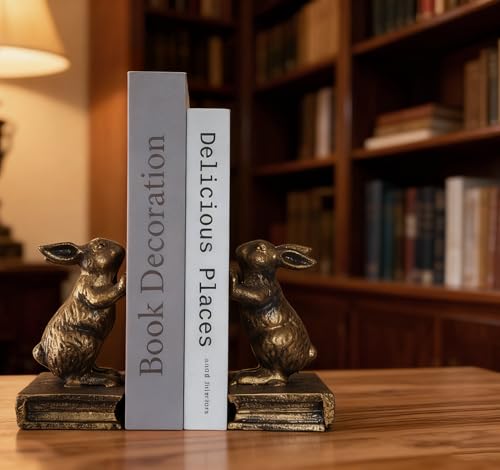 2 PCS Antique Gold Bunny Book Ends Rabbit Decorative Bookend Set Cast Iron Vintage Heavy Duty Book Ends for Shelves for Home(Face to Face Rabbit) - color: Face to Face Rabbit