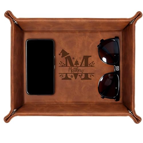 Engraved Leather Valet Tray – Personalized Mens Dresser Organizer Tray with Custom Name – Christmas Gift for Dad, Husband, or Men – Nightstand Organizer - style: Christmas