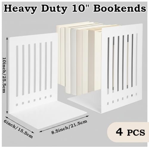 4 Pcs 10 Inch Heavy Duty Bookends Non-Skid Base Large Heavy Duty Book Ends Stopper for Office Books Vinyl Records Shelves Binders (White) - color: White, size: 10 Inch