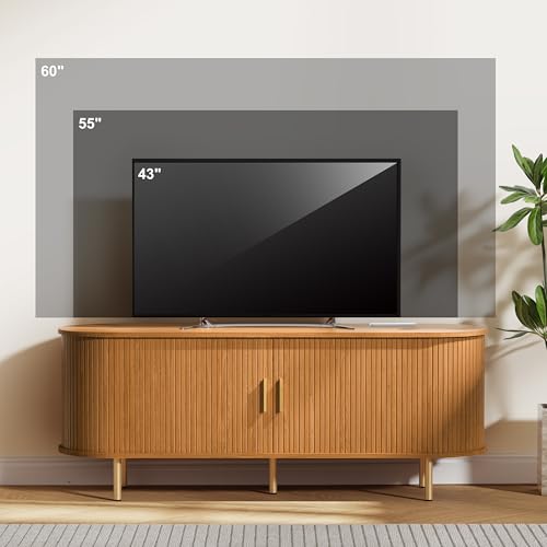 DHH 55 Inch Mid Century Modern TV Stand with Power Outlet for TVs up to 60 Inch, Entertainment Center with Storage and Adjustable Shelves, Media Console with Sliding Doors for Living Room(Yellow) - color: Yellow Walnut, size: 55 Inch