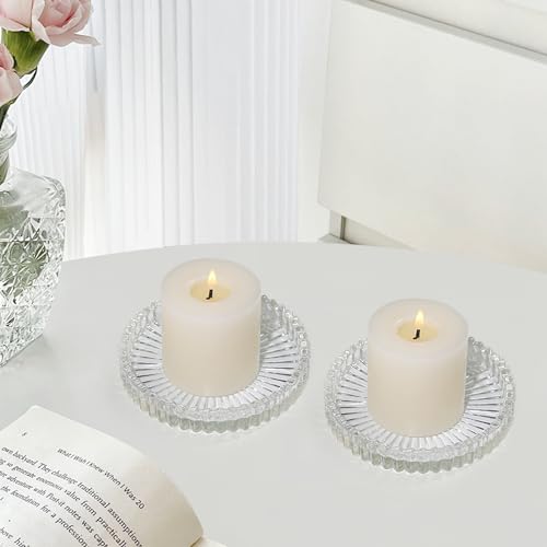 Vixdonos 3.8 Inch Glass Pillar Candle Holder Set Pack 2 Gear Round Plate Serrated Candle Stand for Table Centerpieces,Party, Wedding and Home Decor - color: Clear