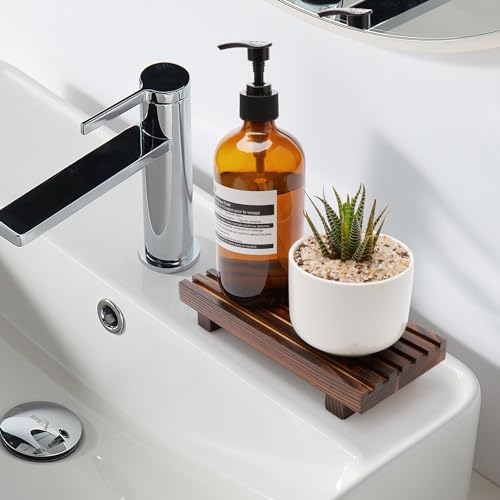 Renawe Small Kitchen Sink Soap Tray for Counter Soap Dish Dispenser Holder Wooden Risers Stand for Bathroom Decor Farmhouse Wood Pedestal Kitchen Accessories Countertop Vanity Counter Decorative Tray - color: Brown, size: 8.7x4 inch