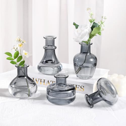 Black Gray Glass Bud Vase, 10Pcs/Set Modern Decorative Small Mini Flowers Vases, Minimalist Aesthetic Home Decor Vintage Wedding Table Centerpieces for Single Flower Rose - color: Black & Gray