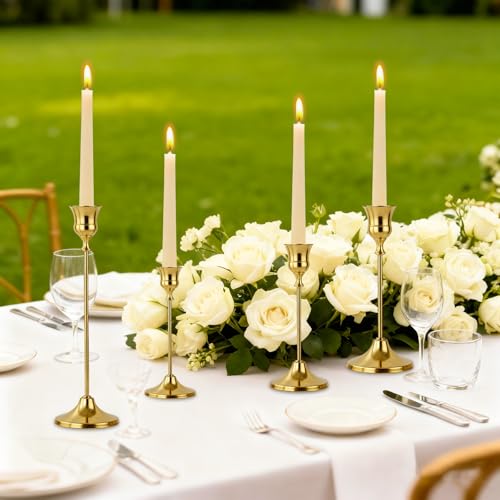 Candlestick Holders 6pcs Gold Candle Holders, Brass Metal Taper Candle Holders, Vintage Modern Decorative Centerpiece Candle Sticks Holder Decor for Table Mantel Wedding Party Housewarming Gift