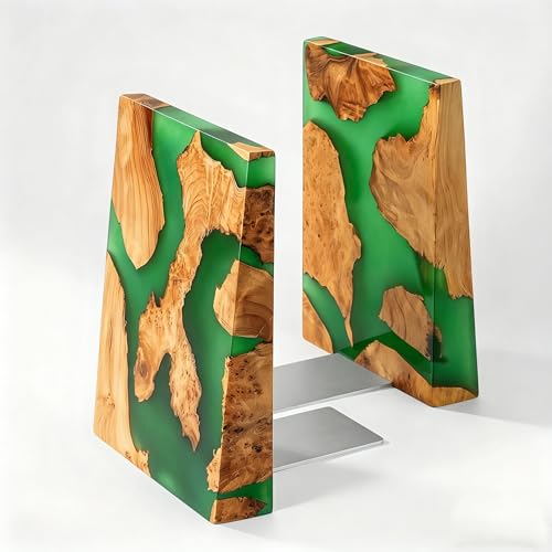 Glow in The Dark Green Resin Bookends, Burl Wood Book Ends for Shelves – Unique Luminous Book Organizer for Office Desk, for Book Lovers (Luminous Green) - color: Luminous Green