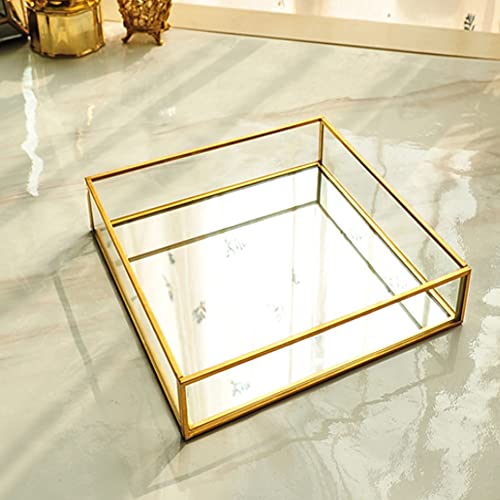 Square Vintage Gold Mirror Glass Vanity Tray,Ornate Geometric and Brass Plated Display Storage Organizer for Makeup Brushes/Lipstick/Skincare/Perfumes/Beauty Room/Bathroom Accessories - color: Square