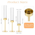 Ninonly Hurricane Candle Holders Set of 3, Tall Brass Candlestick Holders Metal Glass Candle Stands for Wedding Christmas Party Home Table Centerpiece Decorations