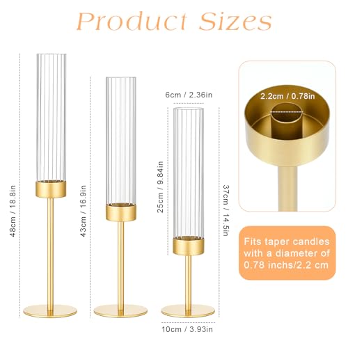Ninonly Hurricane Candle Holders Set of 3, Tall Brass Candlestick Holders Metal Glass Candle Stands for Wedding Christmas Party Home Table Centerpiece Decorations