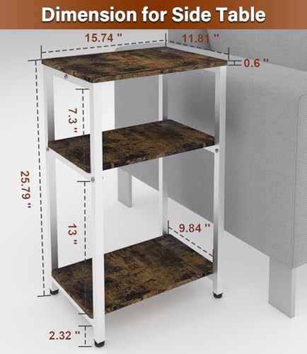 3 Tier Side Table, Heavy Duty End Table with Shelves, Narrow Nightstand Table for Small Spaces, Record Player Table for Bedroom, Living Room, Sofa Couch - Rustic Brown & White - color: White, size: 3-Tier