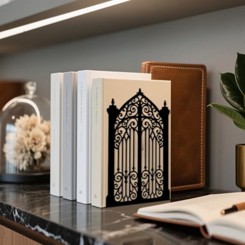 Peacoblue Metal Bookends for Shelves, Modern Decorative Heavy Duty Study Book Ends Stoppers for Office, Desk, Shelf, Room 5.3"x4.3"x7.9" Cast Iron Simple Tall Bookends 1 Pair (Gothic Gorgeous Gate) - style: Gothic Gorgeous Gate