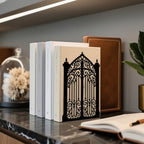 Peacoblue Metal Bookends for Shelves, Modern Decorative Heavy Duty Study Book Ends Stoppers for Office, Desk, Shelf, Room 5.3"x4.3"x7.9" Cast Iron Simple Tall Bookends 1 Pair (Gothic Gorgeous Gate) - style: Gothic Gorgeous Gate