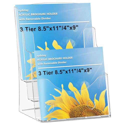 xydstay Acrylic Brochure Holder 8.5x11 Inches, 3 Tier Clear Display Stand Slant Back Design, Plastic Table Stand Sign Holder with Divider Wall Mount xydstay Acrylic Brochure Holder 8.5x11 Inches, 3 Tier Clear Display Stand Slant Back Design, Plastic Table