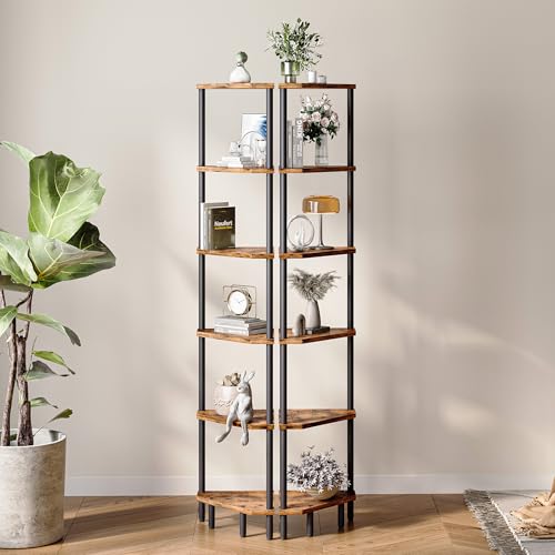 6 Tier Corner Shelf, 66.5'' Tall Standing Shelf, Narrow Display Shelf Stand, Modern Corner Bookshelf, Plant Stand, Corner Bookcase for Living Room, Bedroom, Bathroom, Rustic Brown LCS502R - color: Rustic Brown