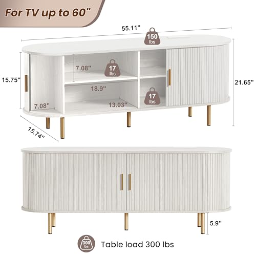 DHH 55 Inch Mid Century Modern TV Stand with Power Outlet for TVs up to 60 Inch, Entertainment Center with Storage and Adjustable Shelves, Media Console with Sliding Doors for Living Room(White) - color: White, size: 55 Inch