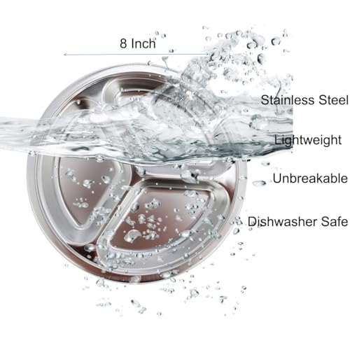 Stainless Steel Dinner Plates 2 Packs 8 Inch Portion Control Divided Plates for Adults Bariatric Weight Loss Diabetic Diet Reusable Camping Serving Round Dinner Plate 3 Compartment - size: 7.87 Inch (3 Sections)