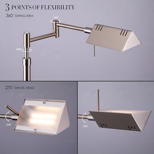 O’Bright Dimmable LED Pharmacy Floor Lamp, 12W LED, Full Range Dimming, 360 Degree Swing Arms, Adjustable Heights, Standing Lamp for Reading, Sewing, and Craft, ETL Listed, Brushed Nickel - color: Brushed Nickel