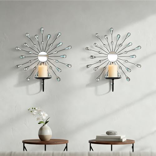Crystal Rhinestone Wall Candle Sconces Set of 2 Bling Diamond Metal Sunburst Candle Holders Iron Decorative Wall Mounted Holders for Living Room Bedroom Bathroom Black - color: Black