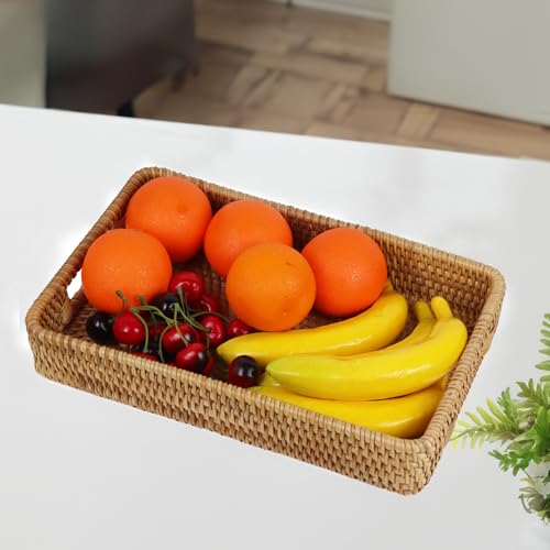 Rattan Serving Tray, Rectangle Coffee Table Tray with Handles, Decorative Ottoman Tea Tray Wicker Basket for Coffee, Bread, Fruits, Snacks, Breakfast, Drinks, Table Decor - size: 15" x 10.2" x 2.6"