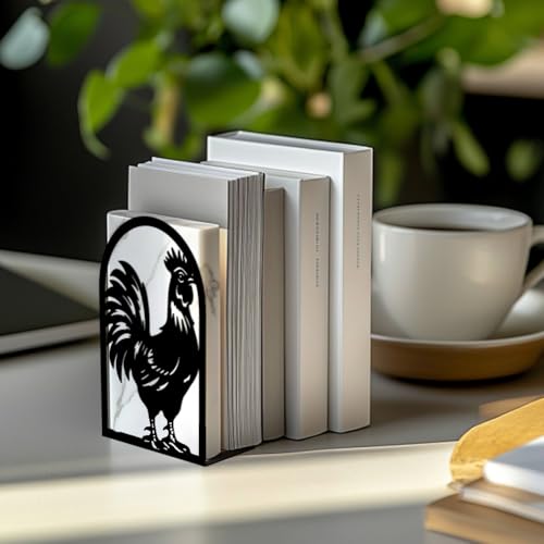 Peacoblue Metal Bookends for Shelves, Modern Decorative Heavy Duty Study Book Support Stoppers for Office, Desk, Shelf, Room 5.3"x4.3"x7.9" Cast Iron Simple Tall Bookends, 1 Pair (Rooster) - style: Rooster