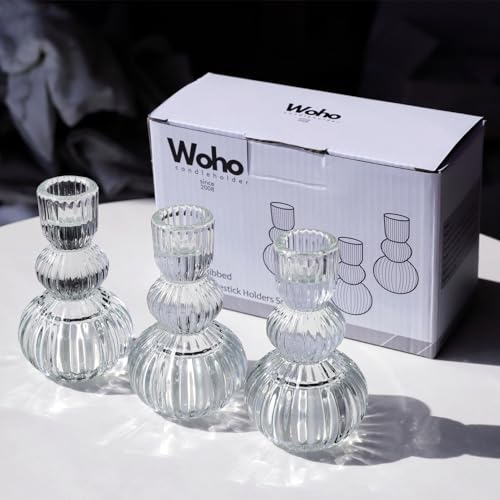 Woho Clear Taper Candle Holders 4.3" H Set of 3 for Wedding Table, Ribbed Glass Candlestick Holders for Daily Home Decor, Vintage Candle Sticks Holder Decor for Thanksgiving Christmas - color: Clear
